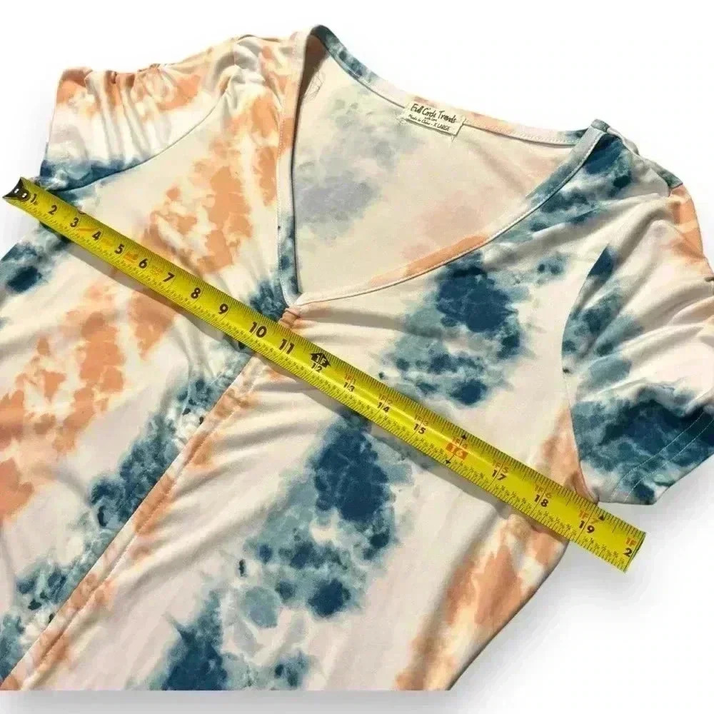 Full Circle Trends Knee Length Teal/Peach/White Tie Dye Rouched T-Shirt dress XL - Picture 8 of 14